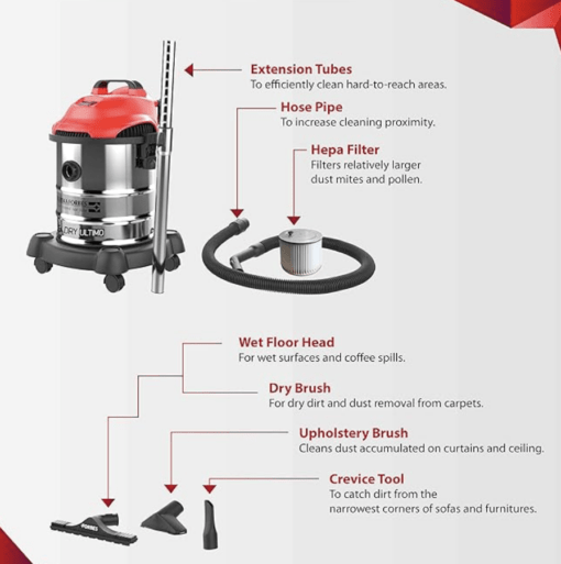 Eureka Forbes Wet & Dry Ultimo 1400 Watts Multipurpose Vacuum Cleaner,Power Suction & Blower with 20 litres Tank Capacity,6 Accessories,1 Year Warranty,Compact,Light Weight & Easy to use (Red) - Image 3